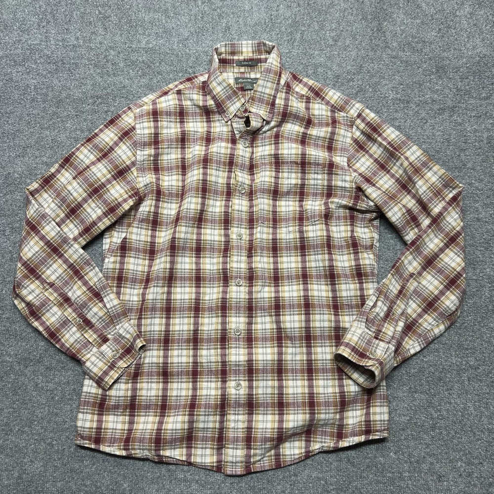 Eddie Bauer Shirt Mens Large Red Plaid Cotton Button Front Long Sleeve Casual
